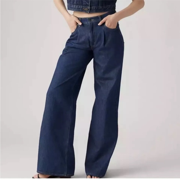 Levi's Denim - Levi’s Baggy Dad Wide Leg Jeans Dark Blue 100% Cotton Pleated Women’s Size 31